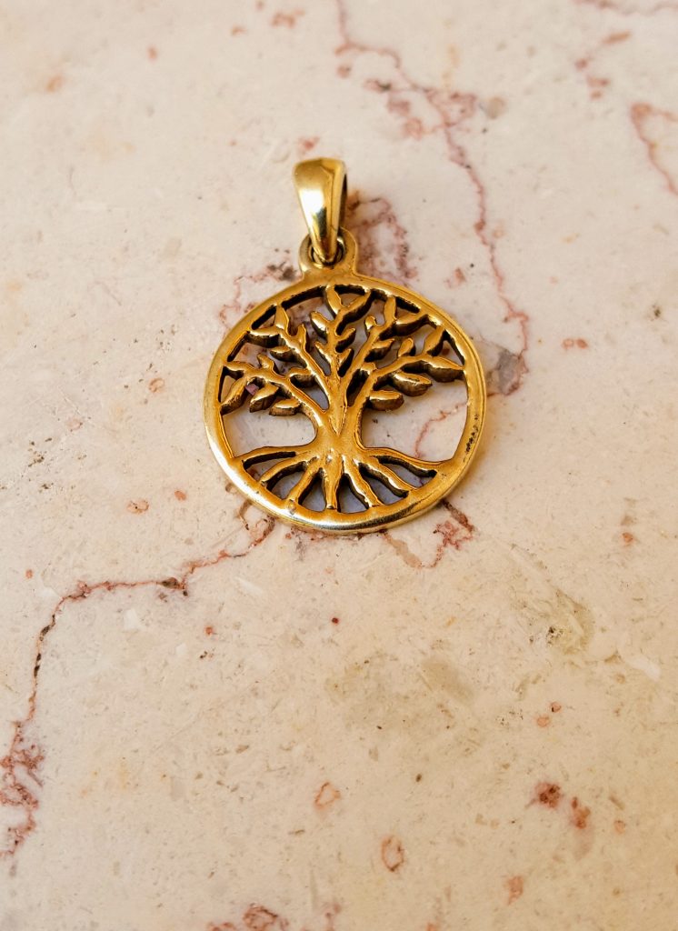18k solid Gold Tree of life pendant, round frame, israel jewelry