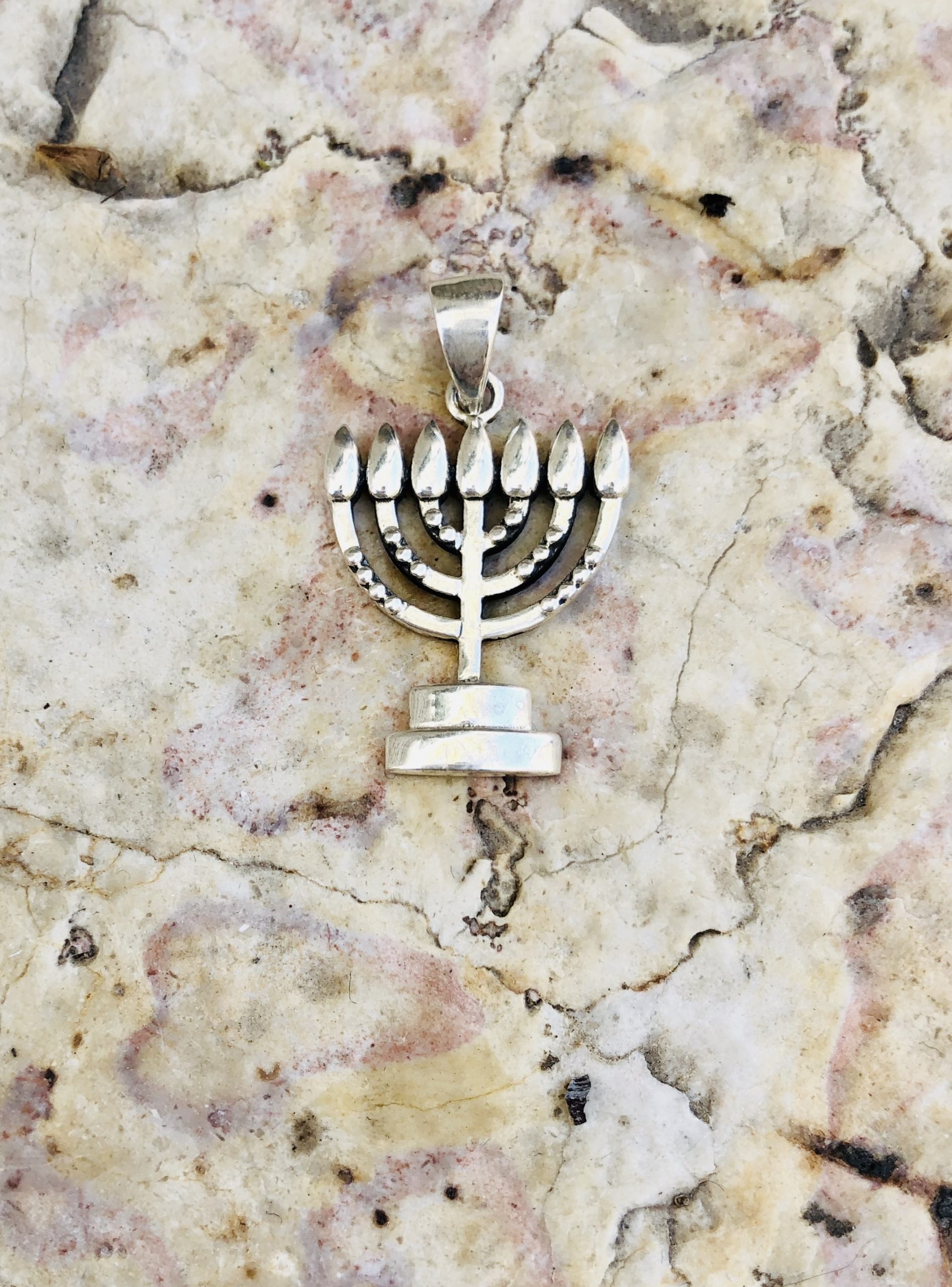 14k solid white Gold Menorah pendant, 7 lamps gold unisex Menorah