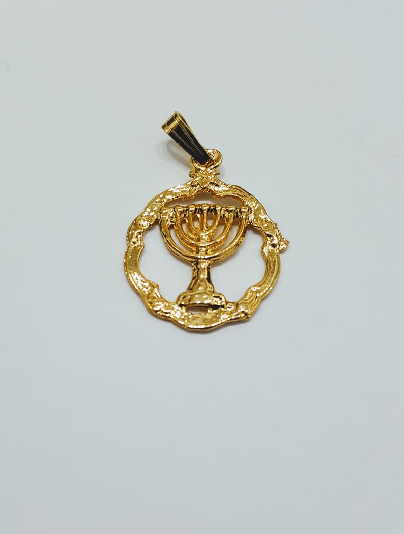 14k solid Gold, Menorah pendant, round frame 7 lamp, Israel jewelry