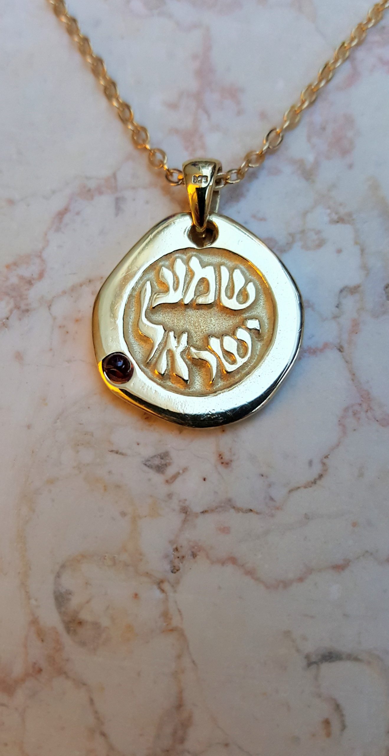 14k gold Shema YIsrael Necklace, Hear O Israel, Natural Garnet gemstone,  ancient design Necklace, Jewish jewelry, - Jerusalem Jeweler